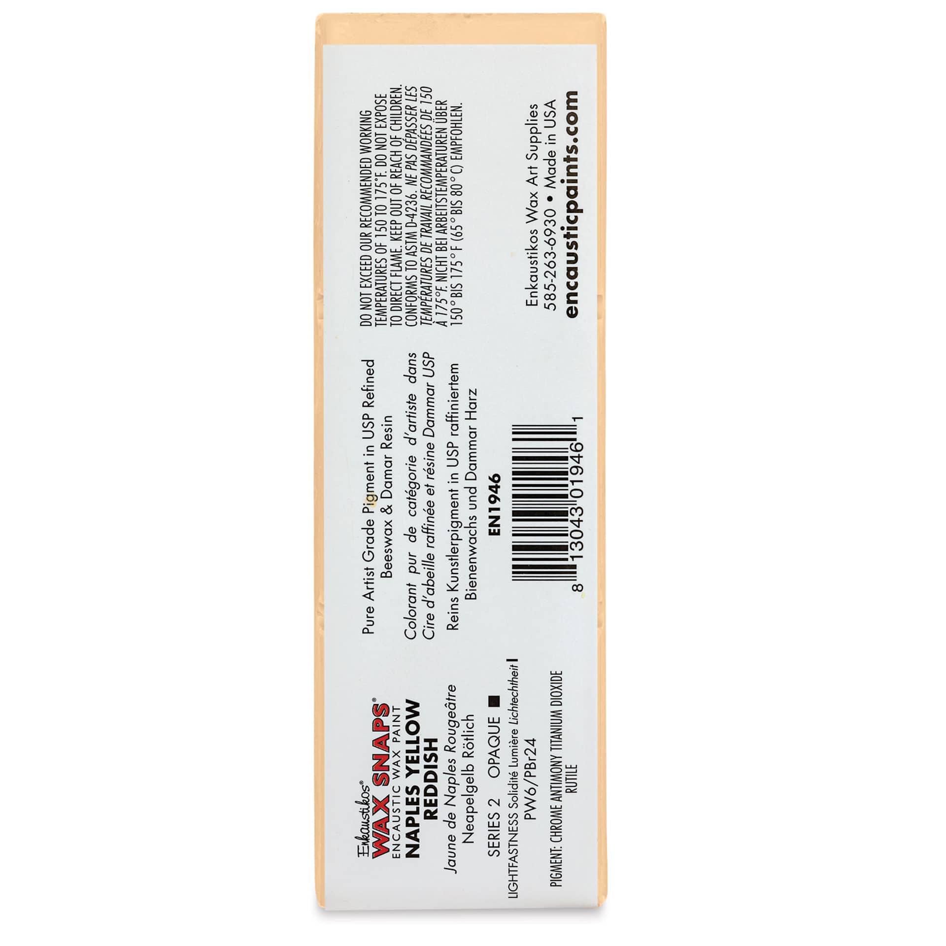 Enkaustikos Wax Snaps Encaustic Paints - Naples Yellow Reddish, 40 ml cake back of package