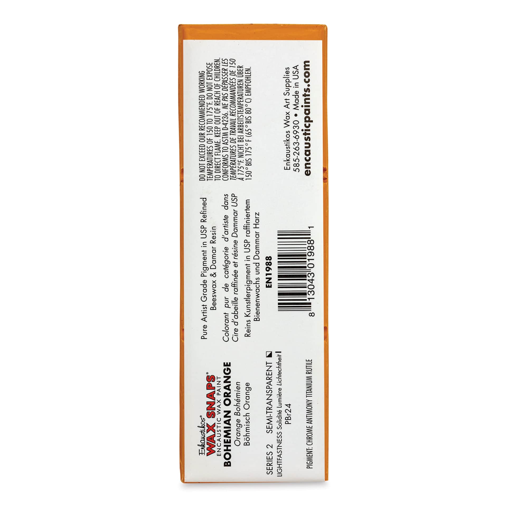 Enkaustikos Wax Snaps Encaustic Paints - Bohemian Orange, 40 ml cake back of package