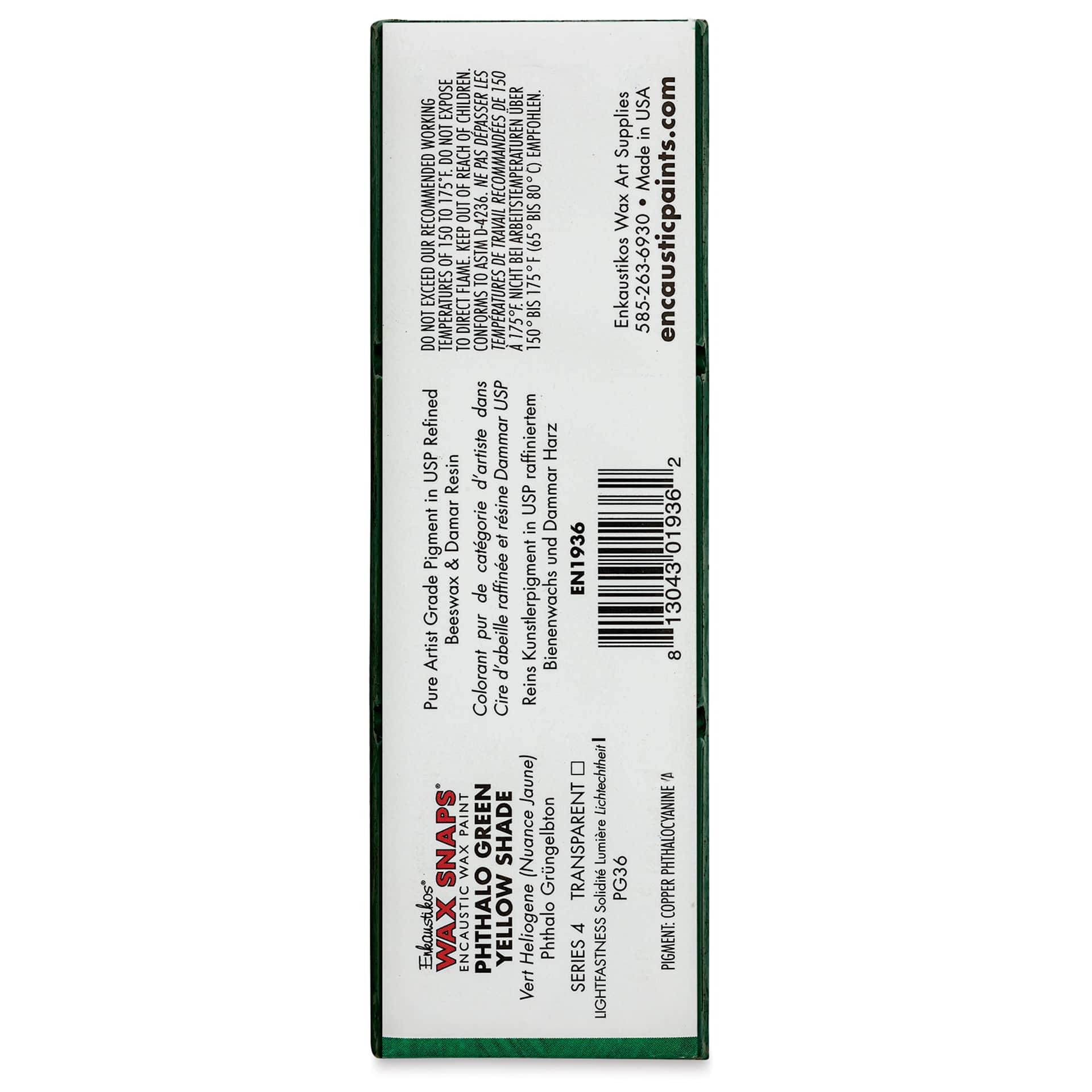Enkaustikos Wax Snaps Encaustic Paints - Phthalo Green Yellow Shade, 40 ml cake back of package
