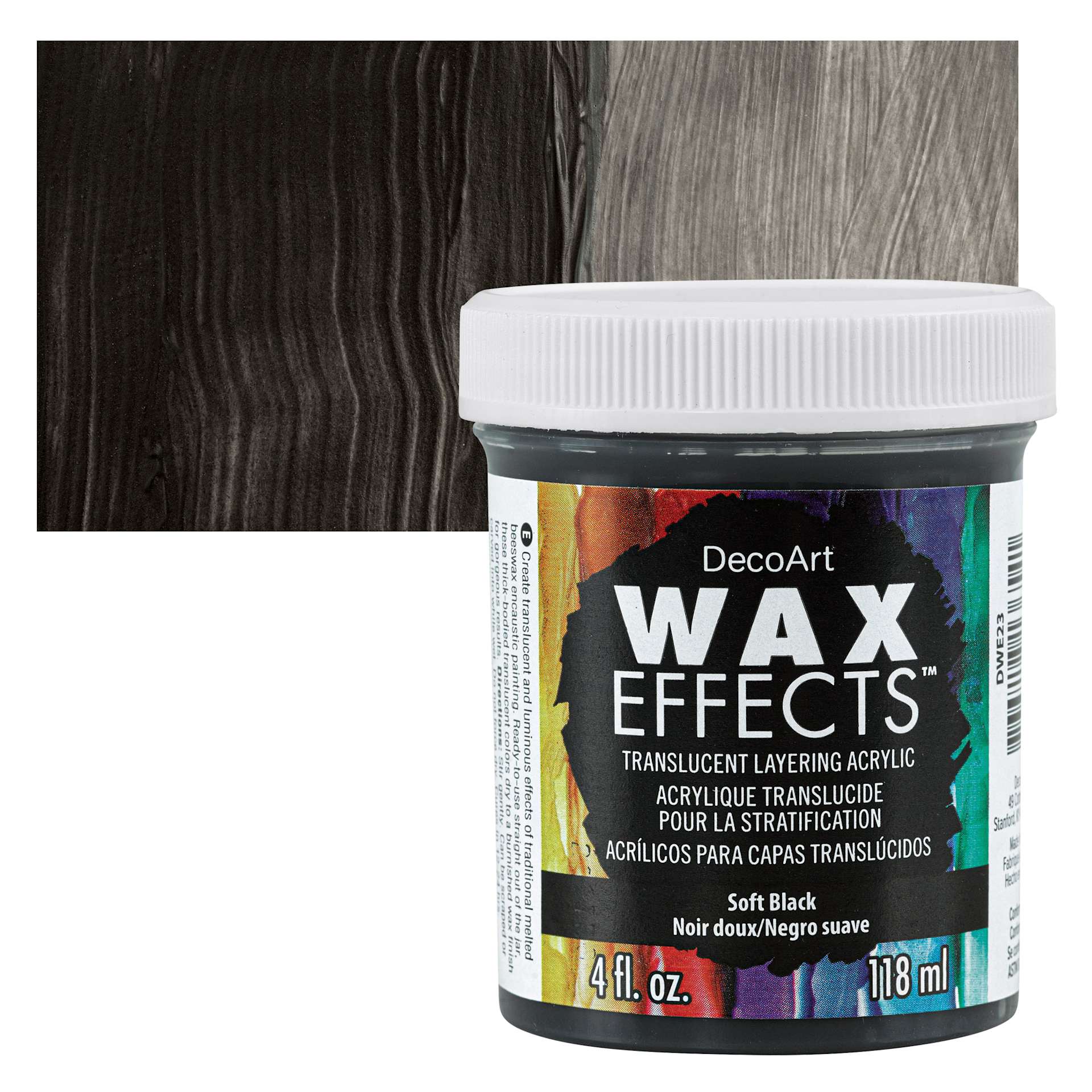 DecoArt Wax Effects Acrylic Paint - Soft Black, 4 oz Jar and swatch
