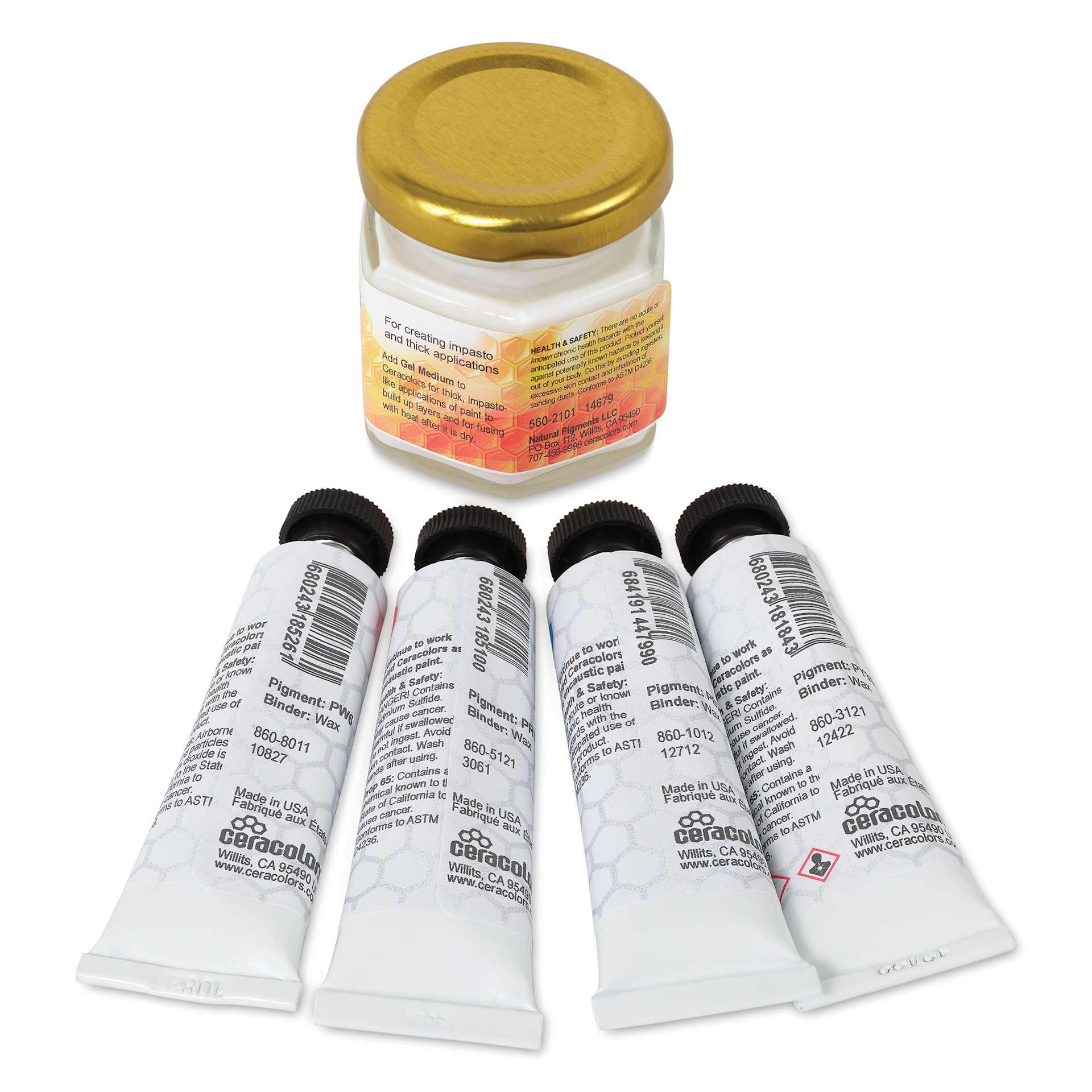 Ceracolors Water-Soluble Encaustic Paints - Primary Colors, Set of 5 - back of jar and tubes