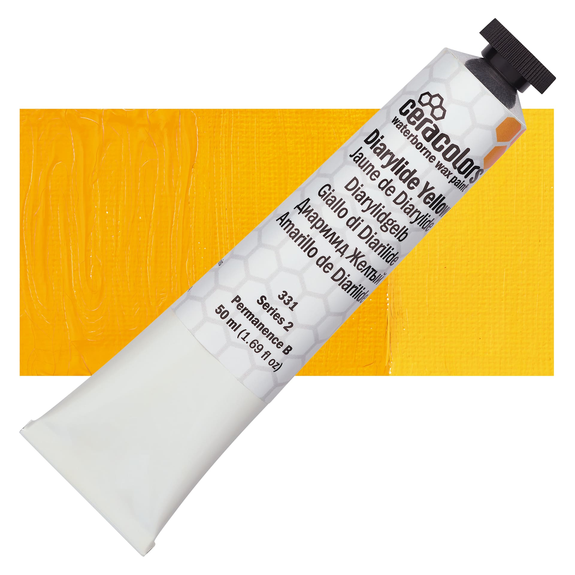 Ceracolors Waterborne Wax Paint - Diarylide Yellow, 50 ml - Tube and Swatch