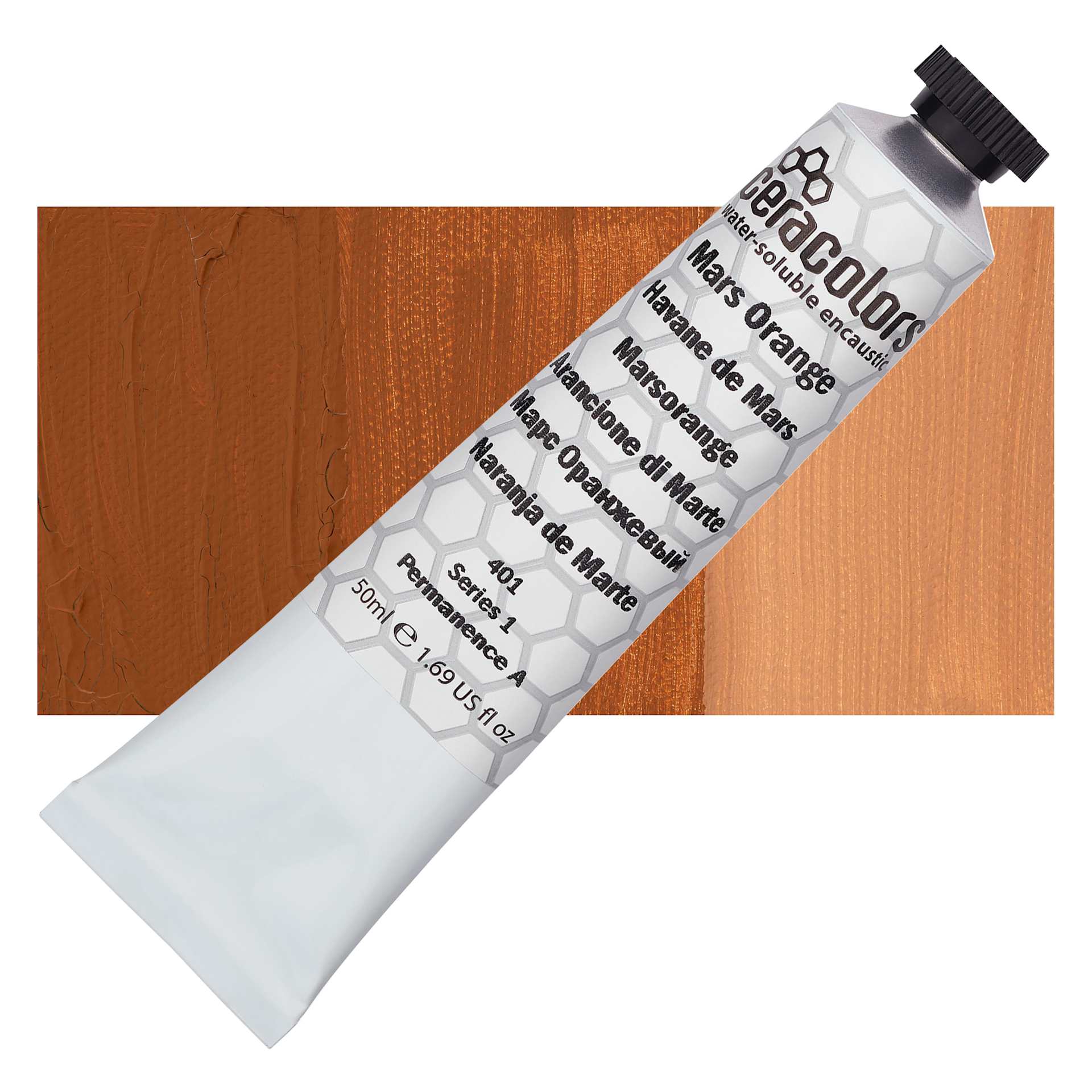 Ceracolors Waterborne Wax Paint - Mars Orange 50 ml Tube and Swatch
