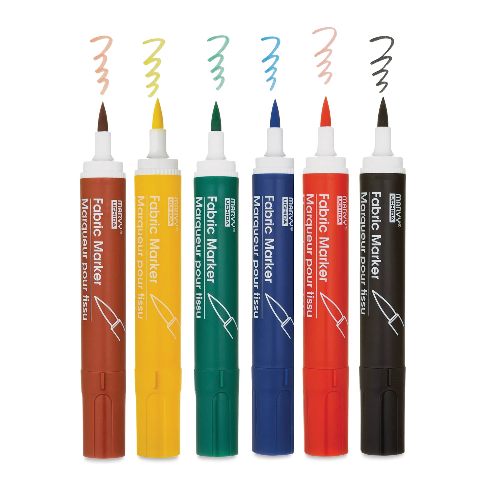 Marvy Fabric Brush Markers - Basic Colors, six markers out of packaging with cap off