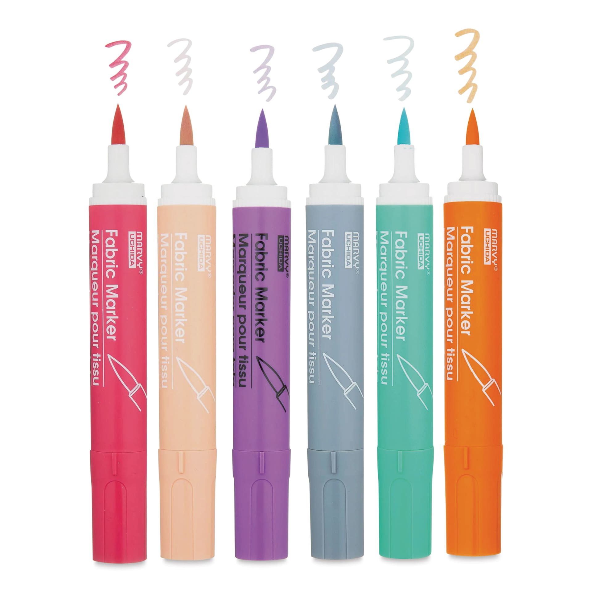 Marvy Fabric Brush Markers - Decorating Colors, six markers out of packaging with cap off