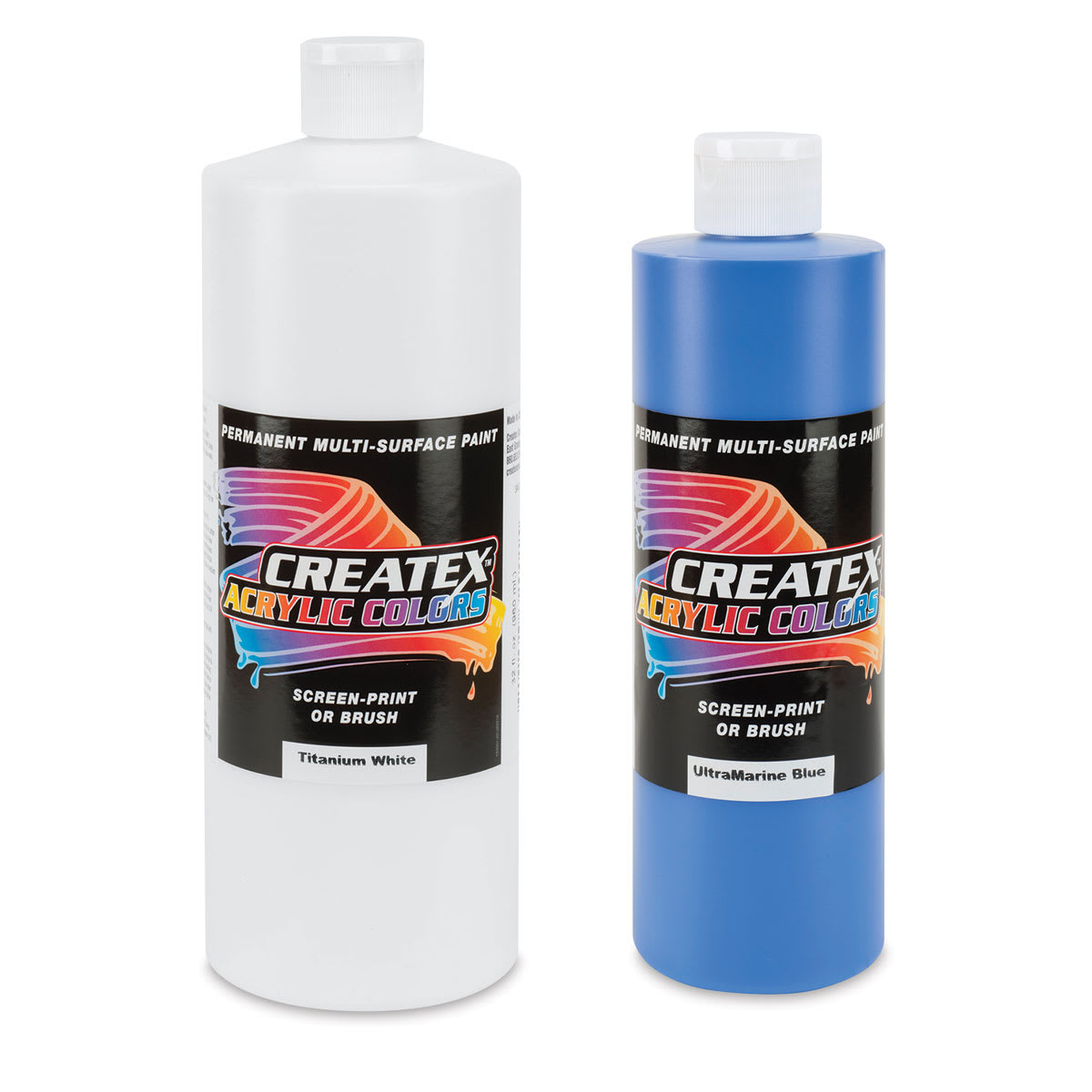 Createx Acrylics - Front of White Quart and Blue Pint bottles shown