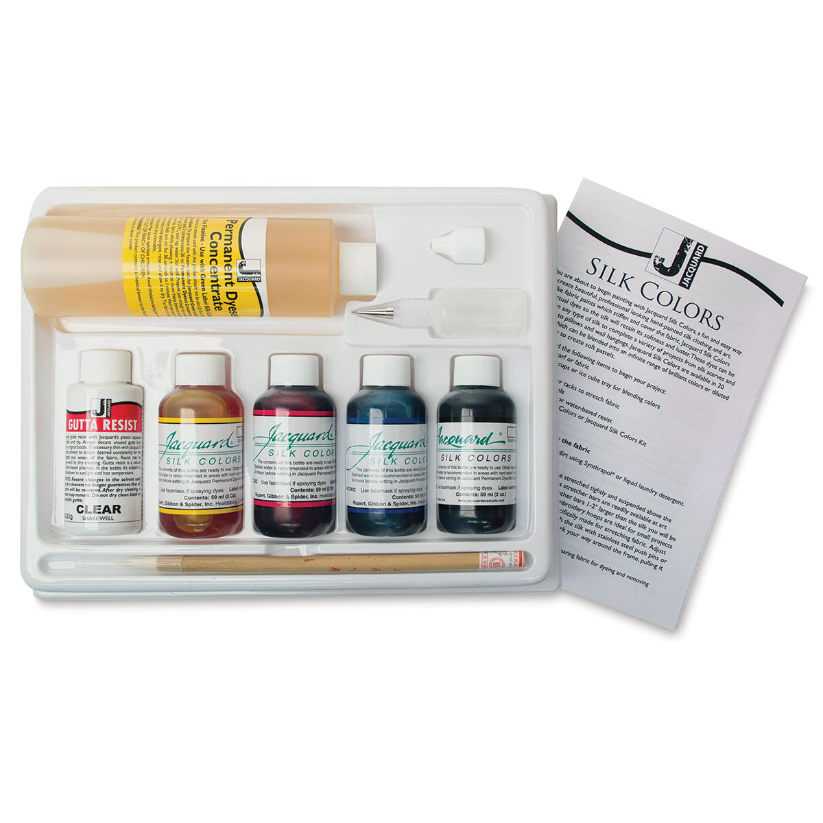 Jacquard Silk Dyes - Components of 4 color Kit with Gutta resist 
