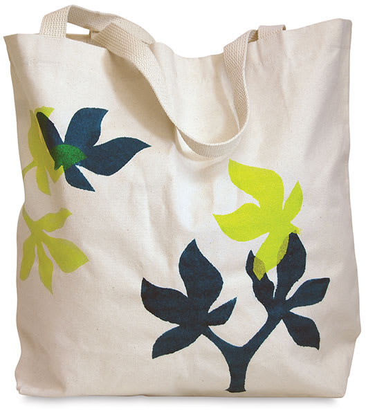 Pebeo Setacolor Fabric Paint - Tote painted with Yellow, Blue, and Green leaves