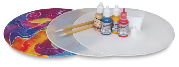 Jacquard Silk Hoop Painting - Components of Fun Bag Starter Kit shown with one hoop painted