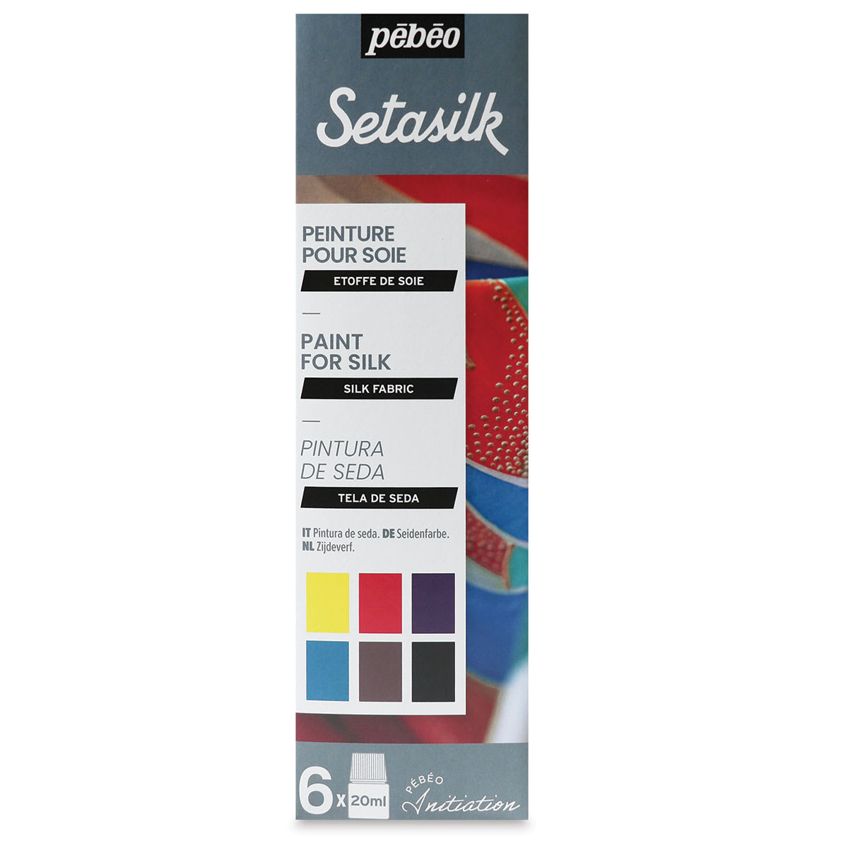 Pebeo Setasilk Silk Fabric Paint Set - Initiation, Set of 6, Assorted Colors, 20 ml, Bottle (Front of packaging with color chart)
