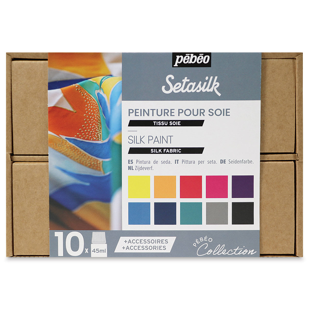 Pebeo Setasilk Silk Fabric Paint Set - Collection Case, Set of 10, Assorted Colors, 45 ml, Bottle (Side of packaging with color chart)