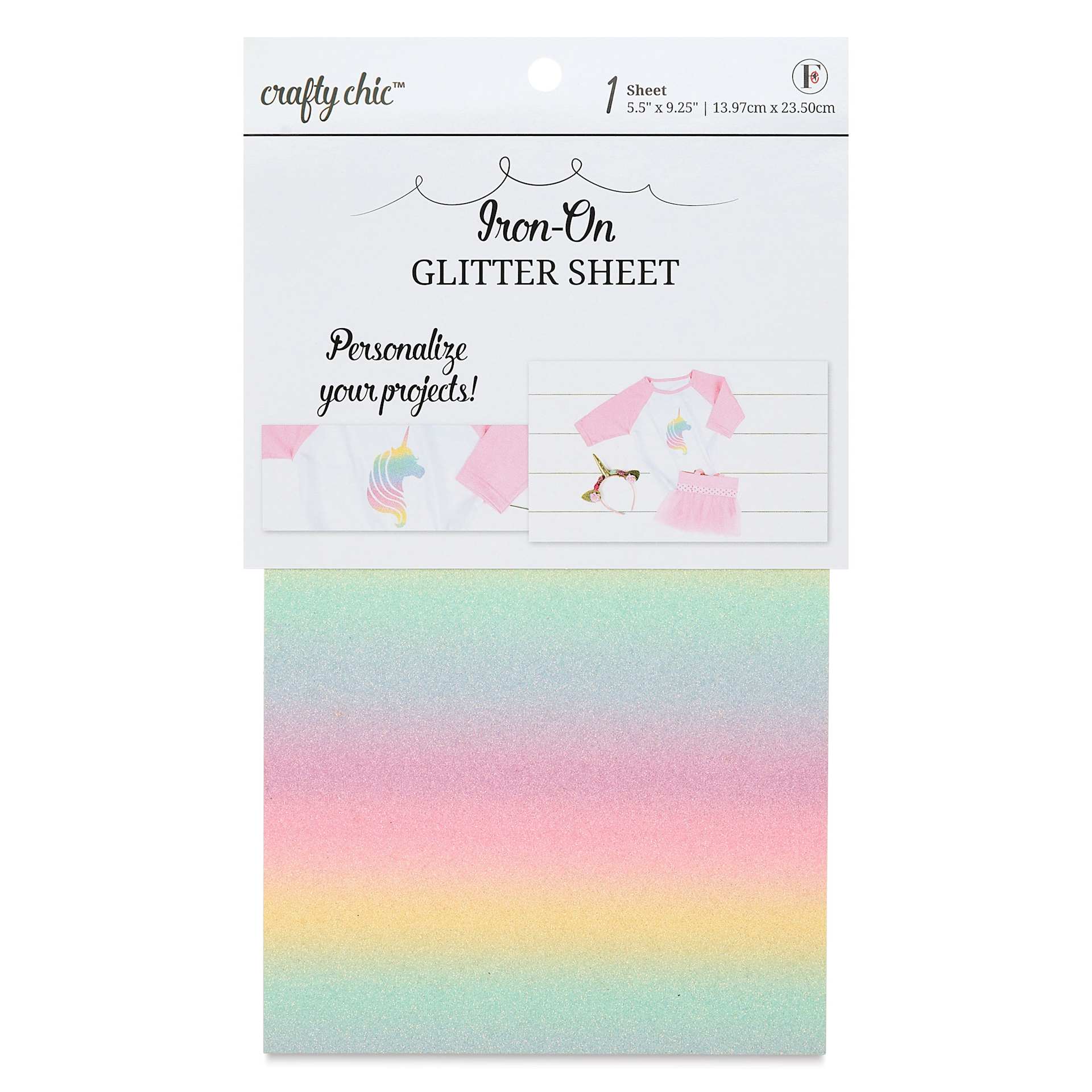 Crafty Chic Iron-On Glitter Sheet - Rainbow, 5.5" x 9.25" front of packaging