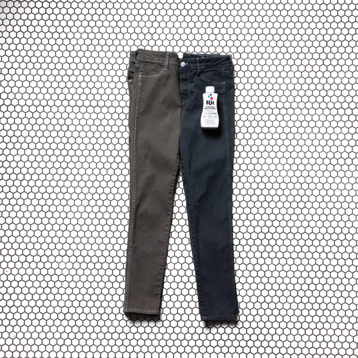 Rit Color Stay Dye Fixative - comparison of 2pr Black pants with and without fixative used