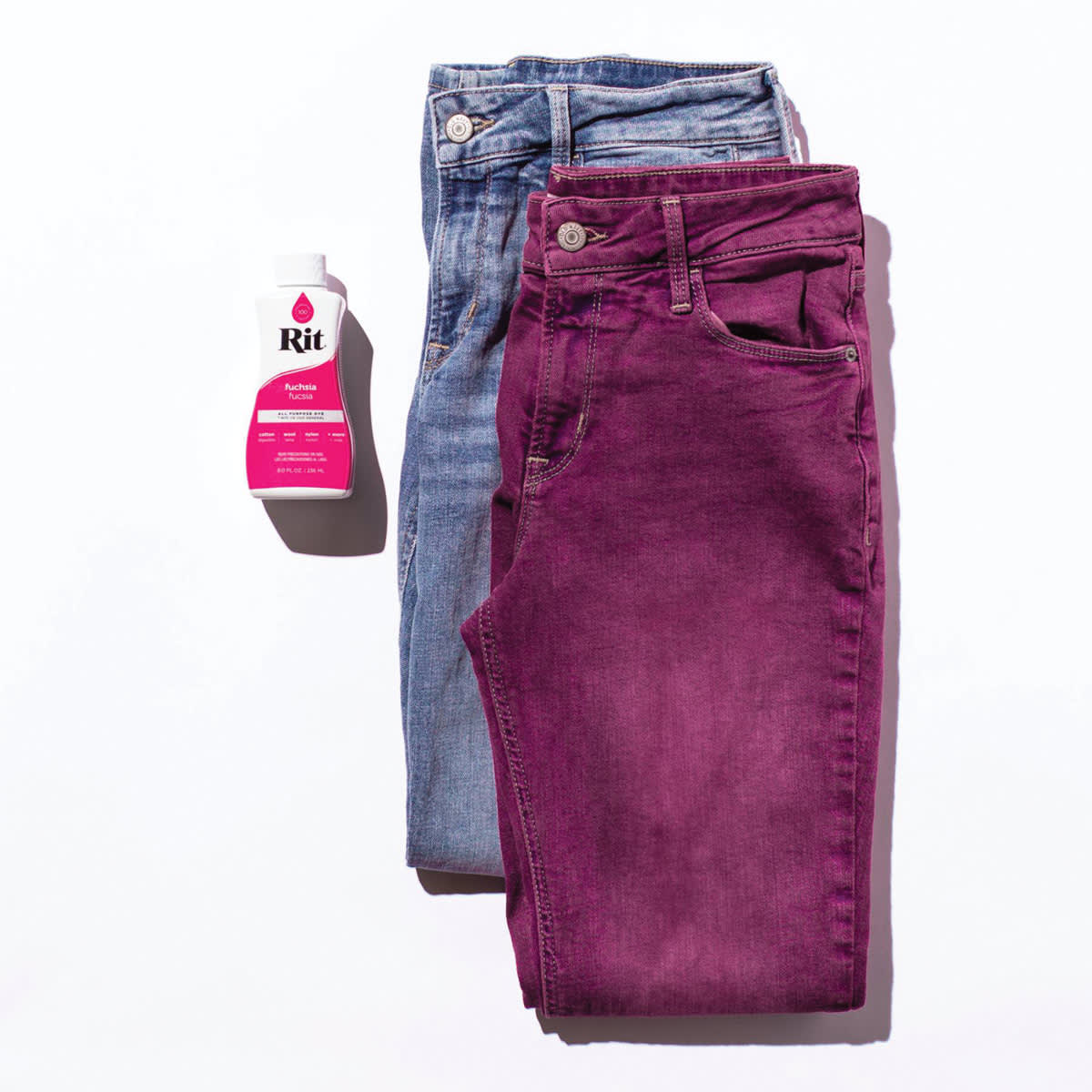 Rit All Purpose Liquid Dye - Fuchsia, 8 oz, before and after of dyed jeans