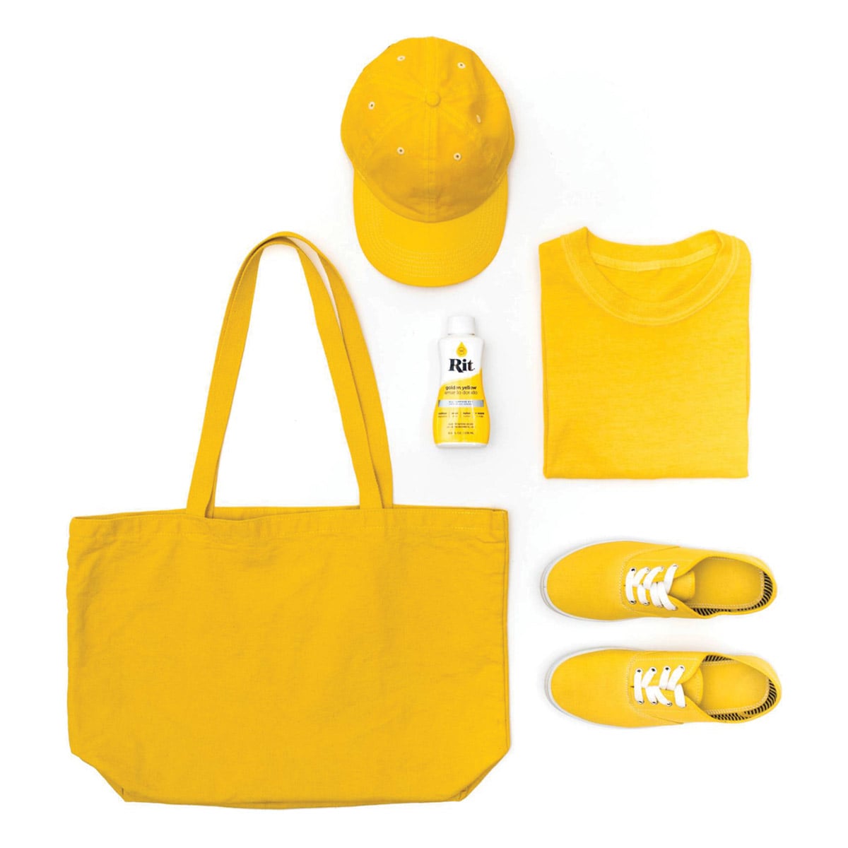 Rit All Purpose Liquid Dye - Golden Yellow, 8 oz applied to various pieces of clothing
