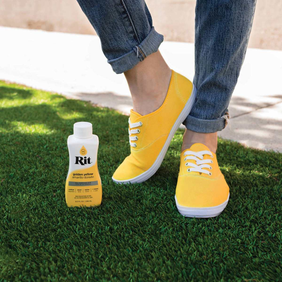 Rit All Purpose Liquid Dye - Golden Yellow, 8 oz applied to shoes