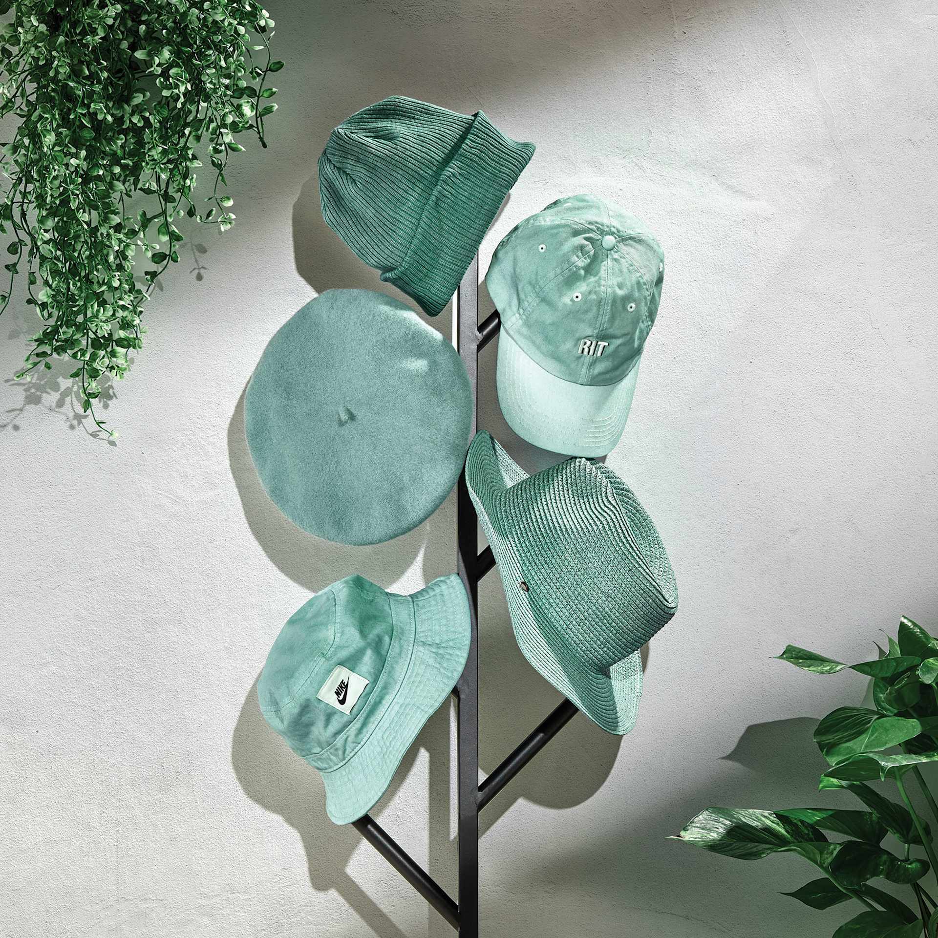 Rit All Purpose Liquid Dye - Sage, 8 oz, dyed hats hanging on rack
