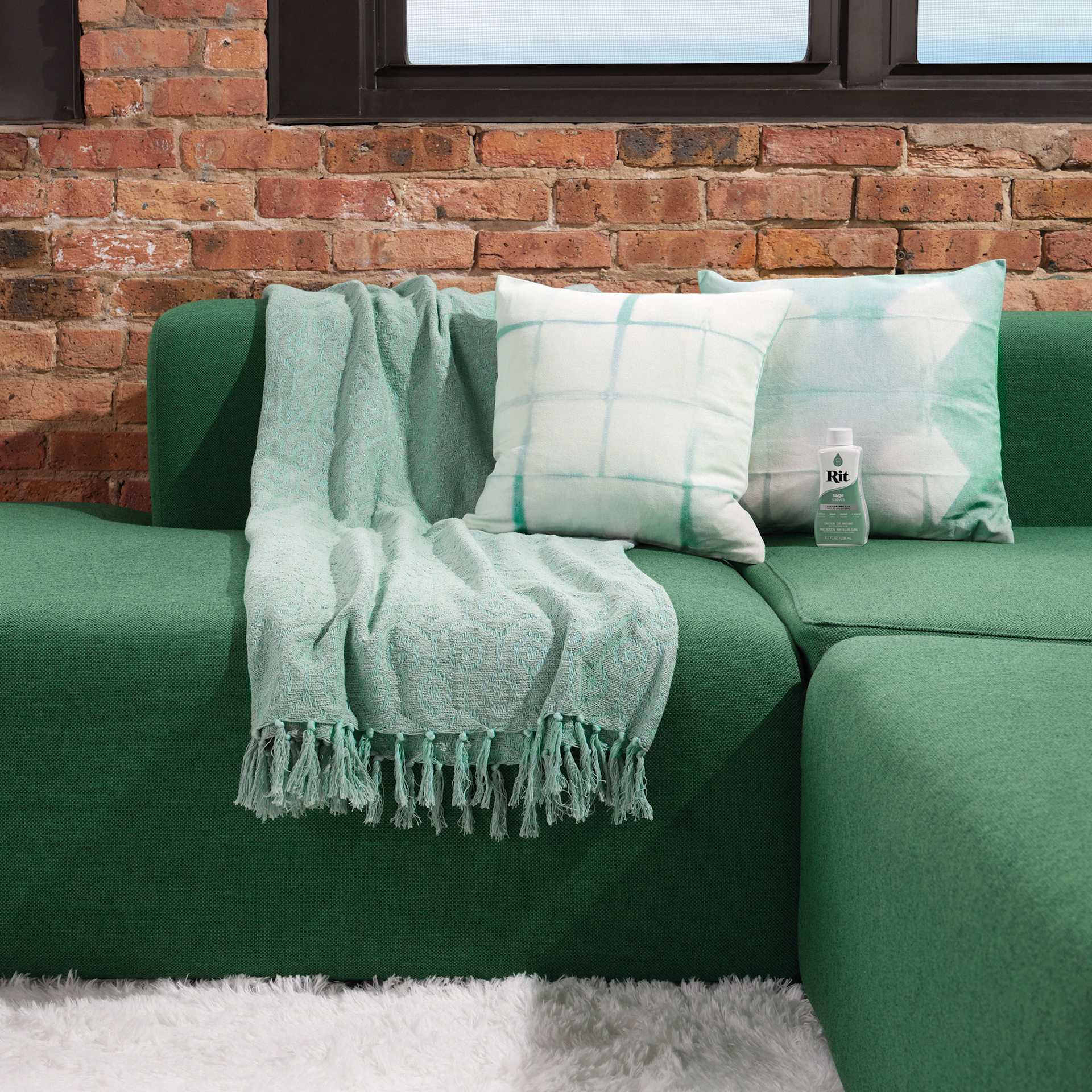 Rit All Purpose Liquid Dye - Sage, 8 oz, dyed throw blanket and pillows