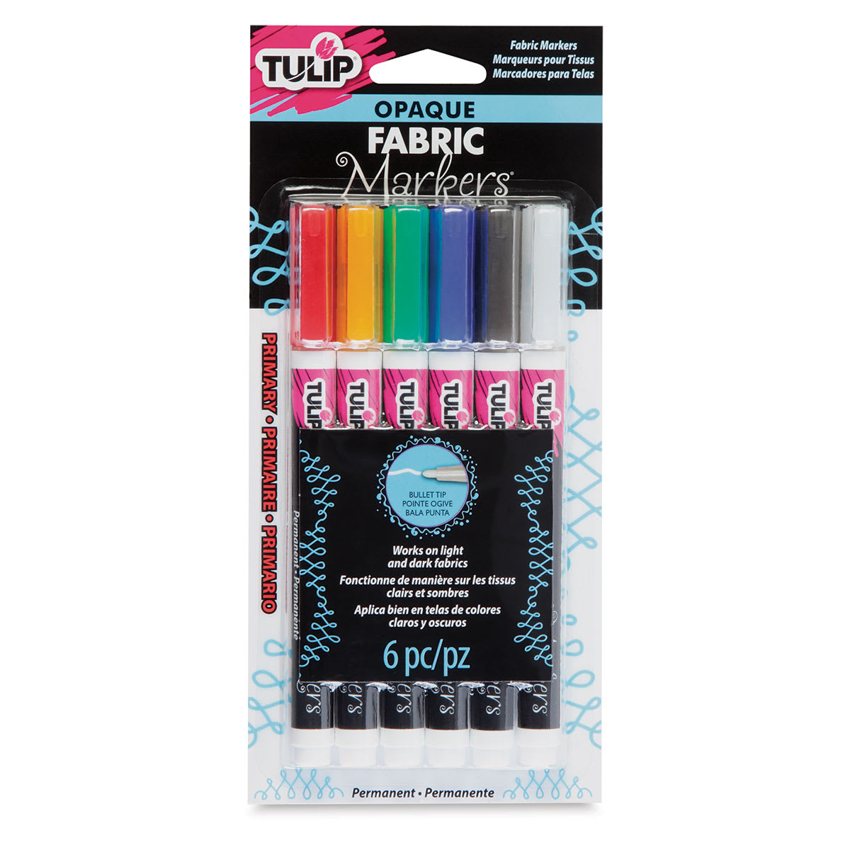Tulip Opaque Bullet Tip Fabric Markers - Front of blister package of 6 Primary colors