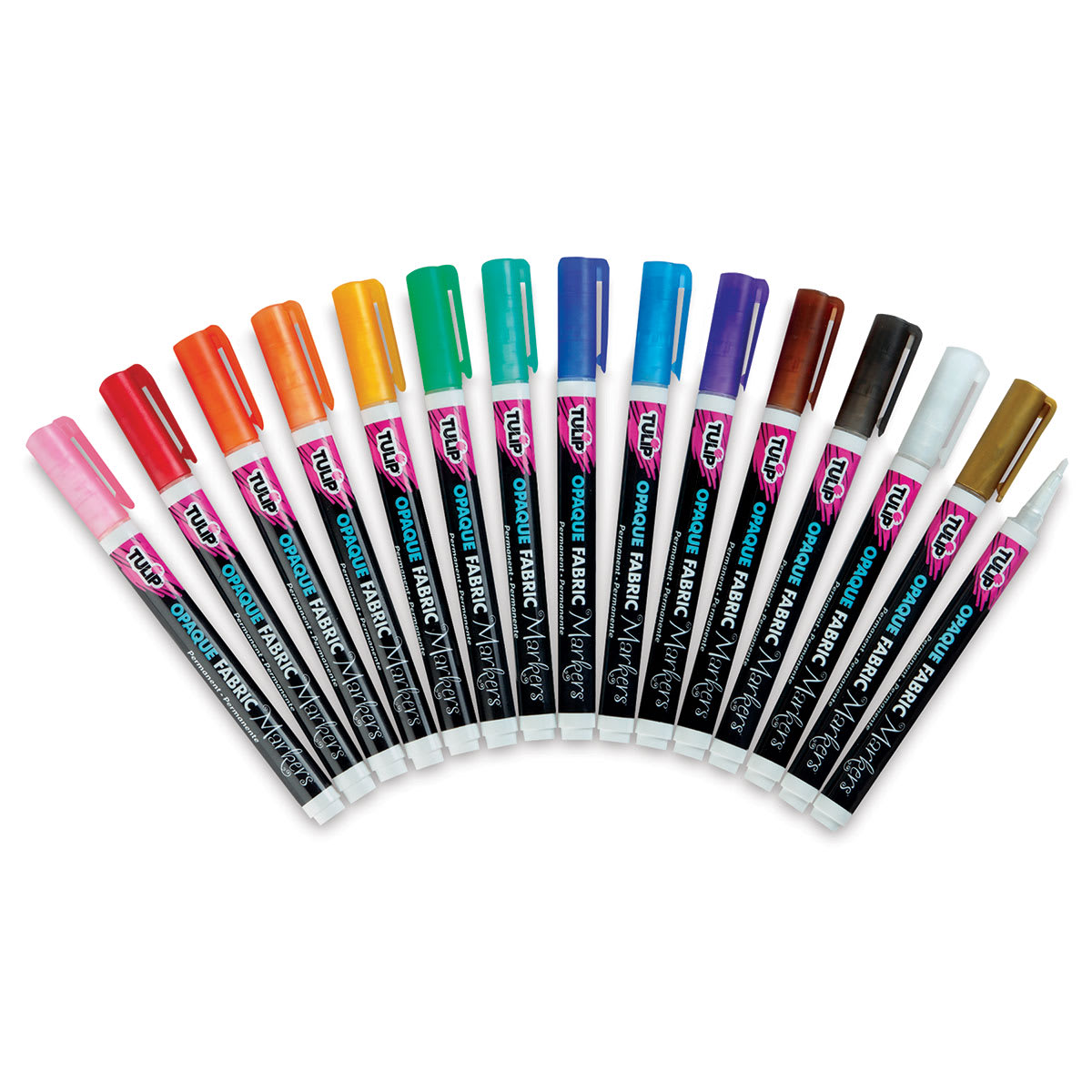 Tulip Opaque Bullet Tip Fabric Markers - Set of 15 Rainbow Markers arranged like a rainbow