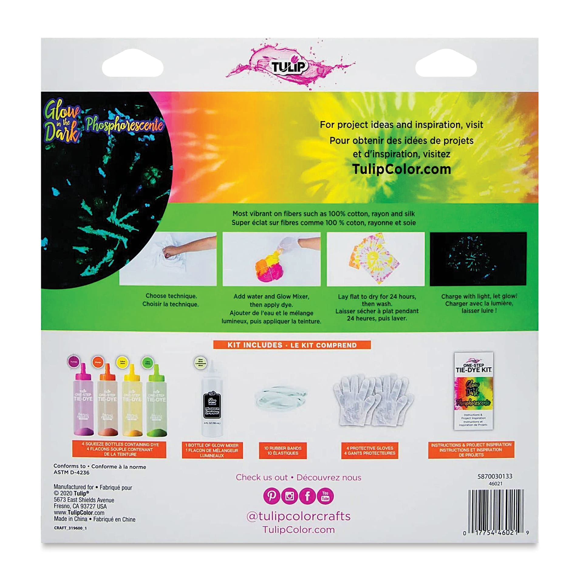 Tulip One-Step Tie-Dye Kit - Glow-in-the-Dark, Kit of 5 Colors (back of packaging)