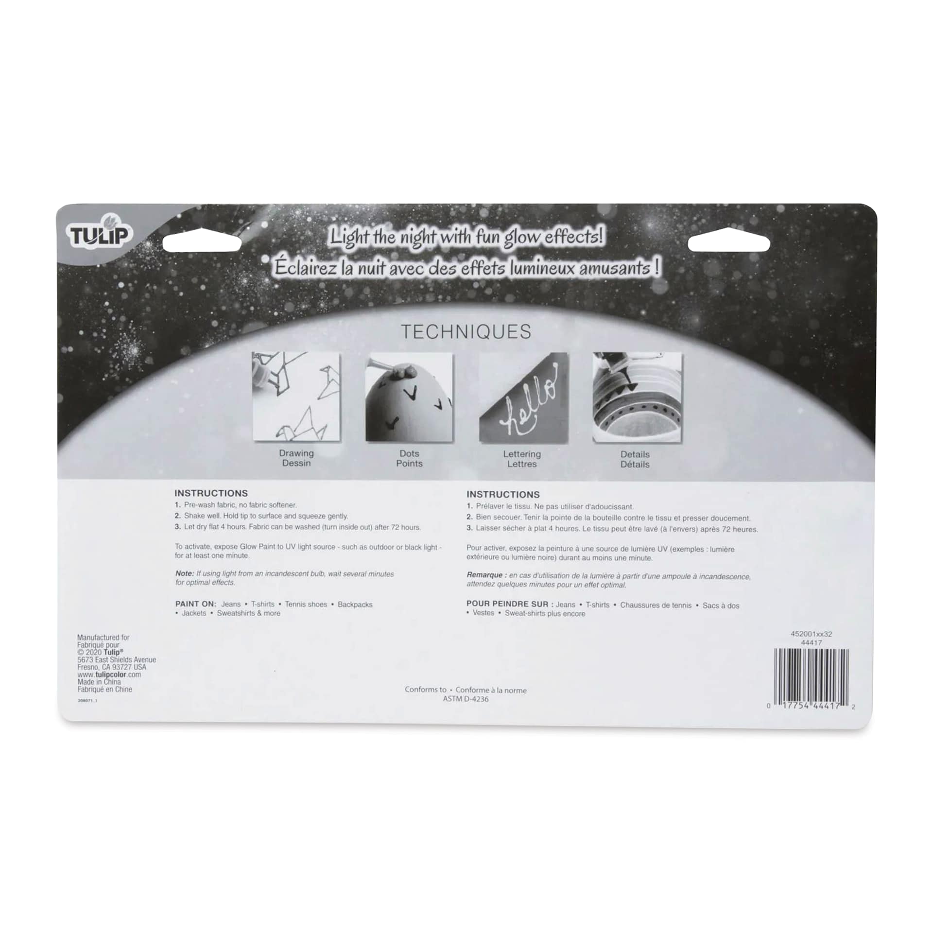 Tulip Dimensional Fabric Paint Set - Puff Glow in the Dark, Set of 10 (back of packaging)