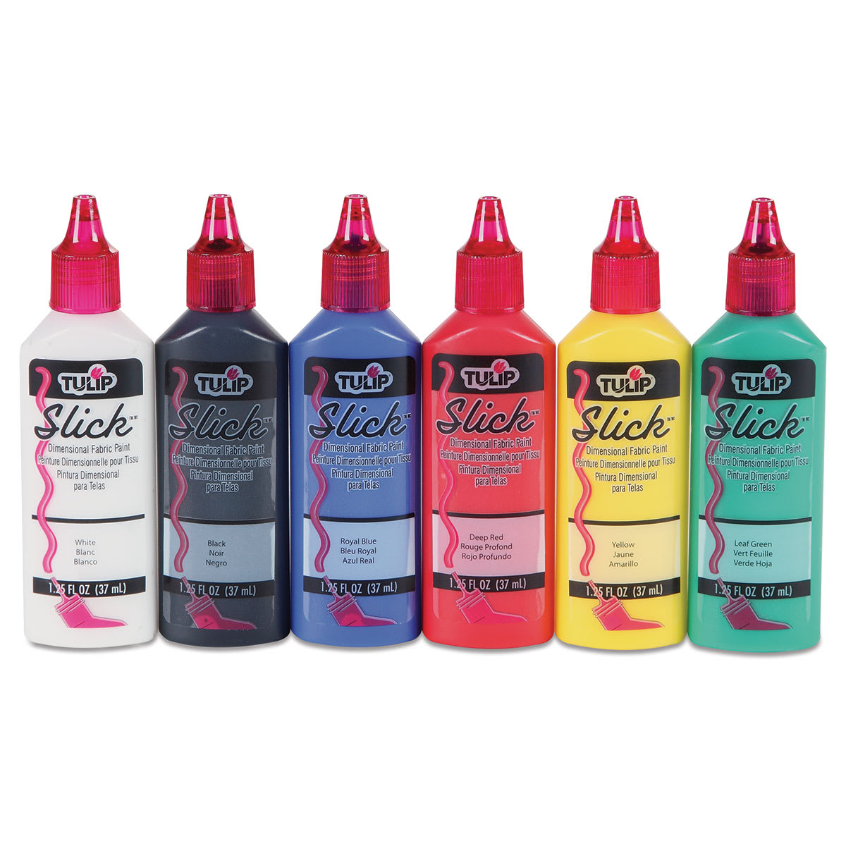 Tulip Dimensional Fabric Paint Set - Components of 6 pc Slick Paint Set front view