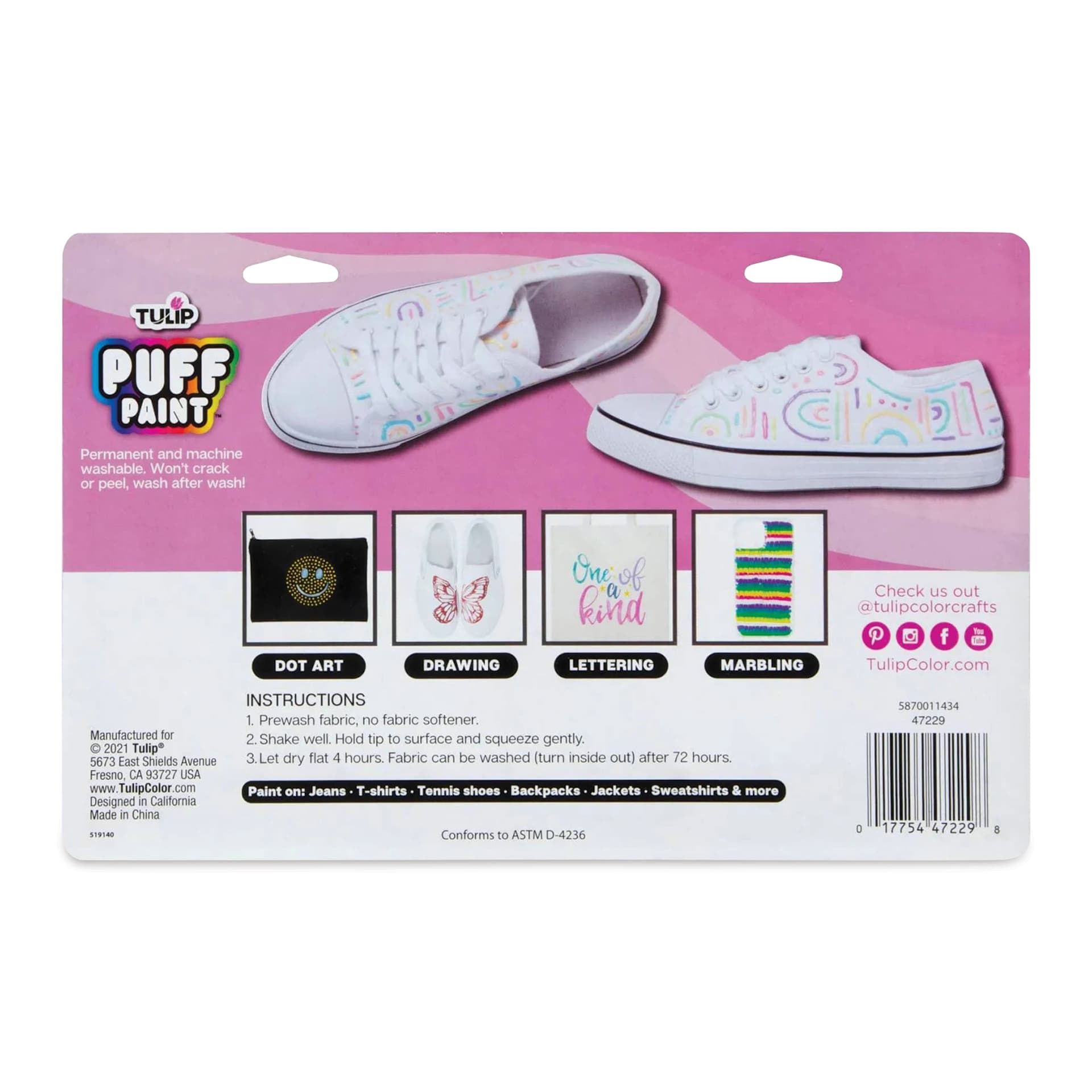 Tulip Dimensional Fabric Paint Set - Puff Pastel, Set of 10 (back of packaging)