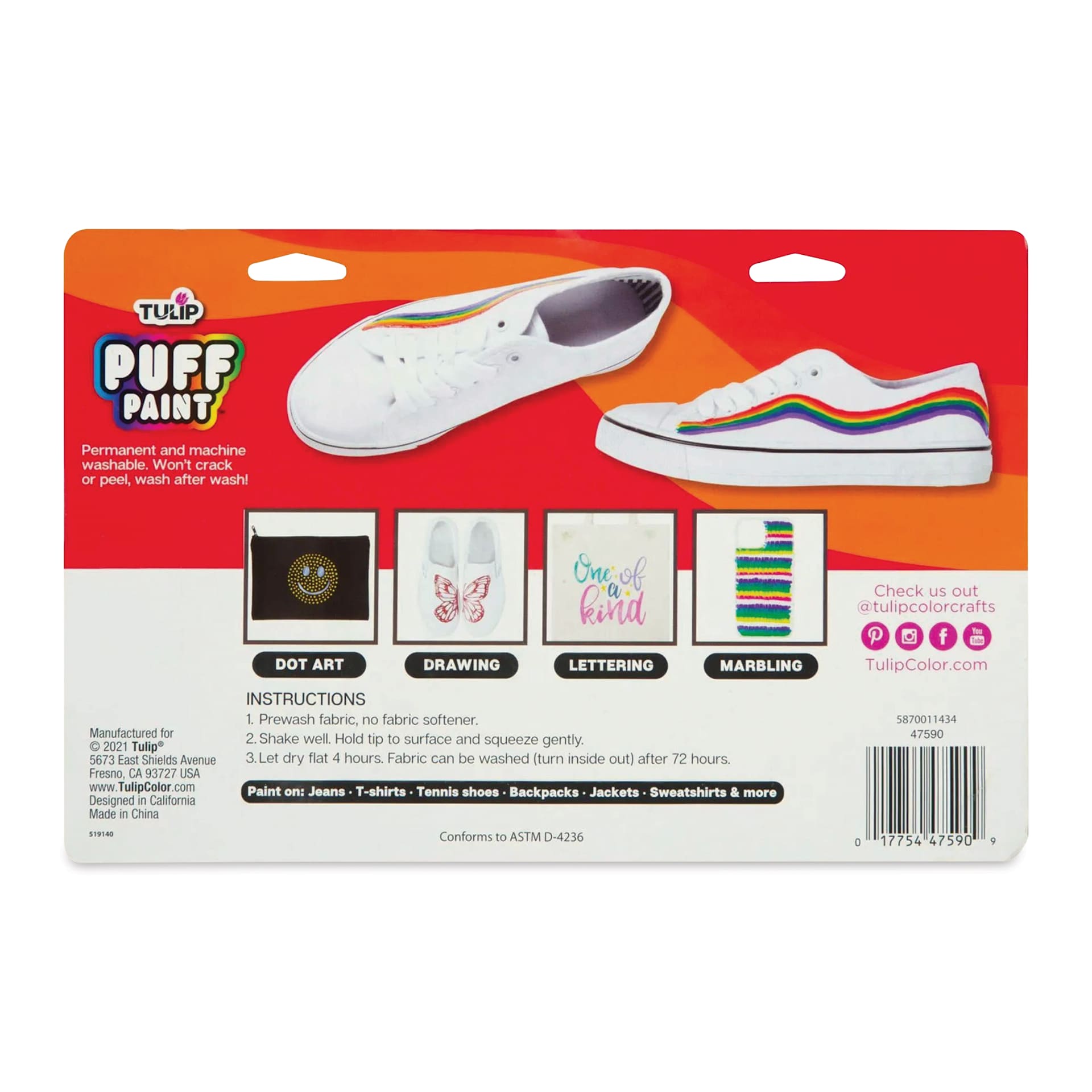 Tulip Dimensional Fabric Paint Set - Puff Essentials, Set of 10 (back of packaging)