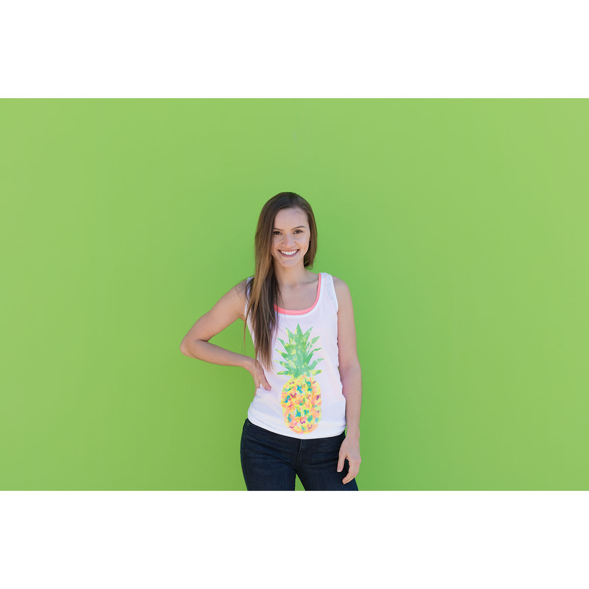 Tulip Dimensional Fabric Paint Set - Rainbow 20-Pack (Model wearing tank top with pineapple design)