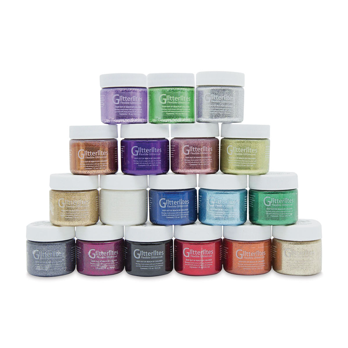Glitterlites Flexible Glittercoat Paints - Jars of Paint stacked in pyramid
