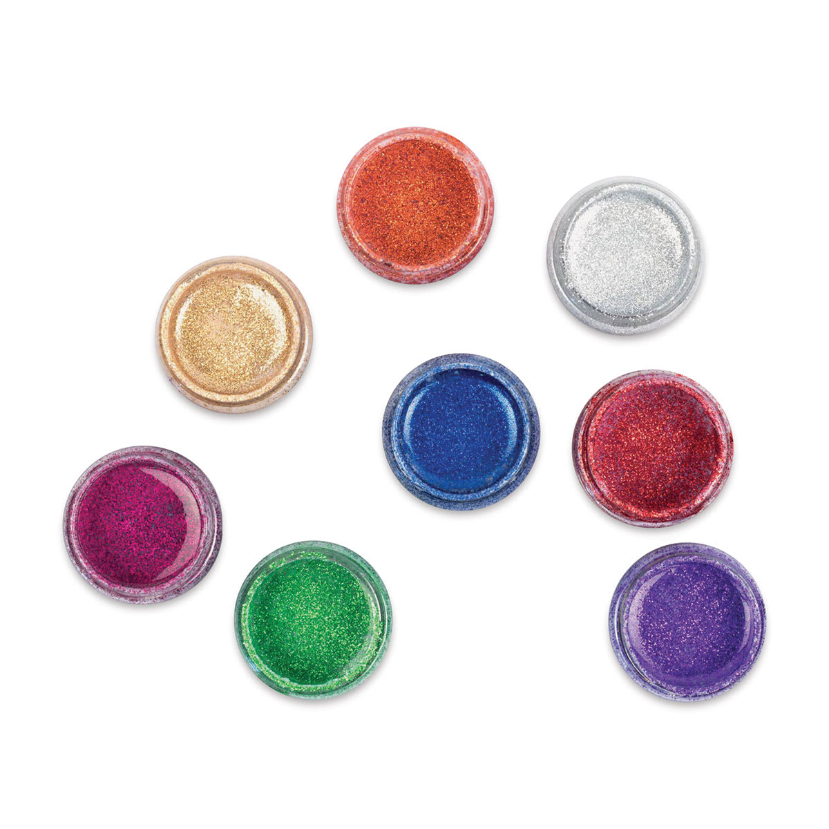 Glitterlites Flexible Glittercoat Paints - Top view of 8 open jars of paint