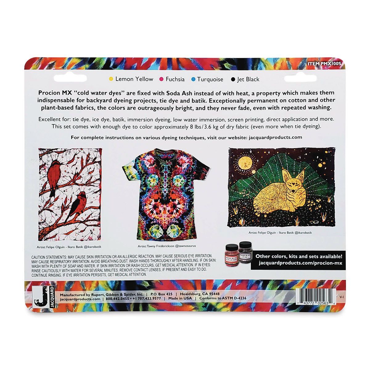 Jacquard Procion MX Fiber Reactive Cold Water Dye - Starter Set, Set of 4, 2/3 oz Jars (Back of packaging)
