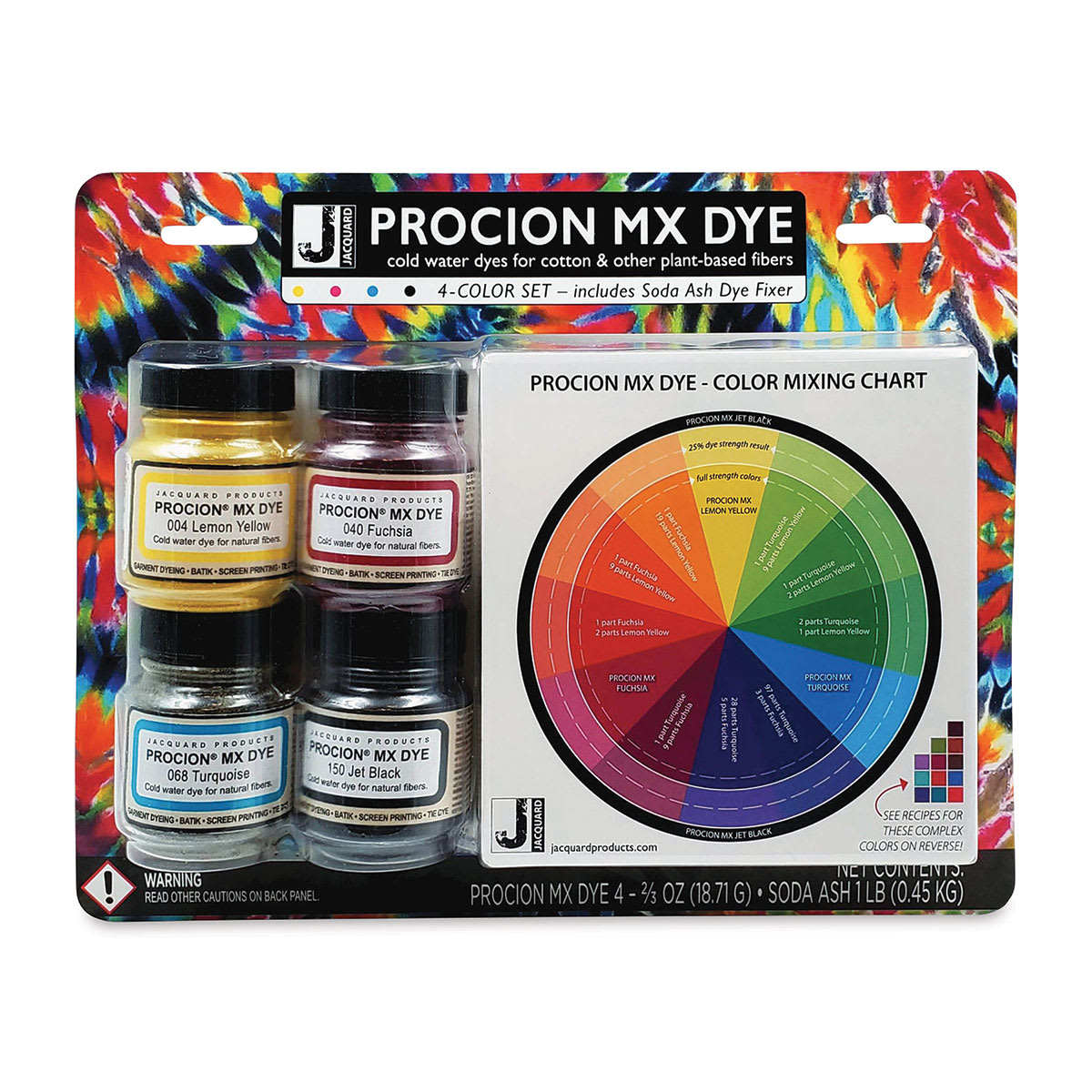 Jacquard Procion MX Fiber Reactive Cold Water Dye - Starter Set, Set of 4, 2/3 oz Jars (Front of packaging)