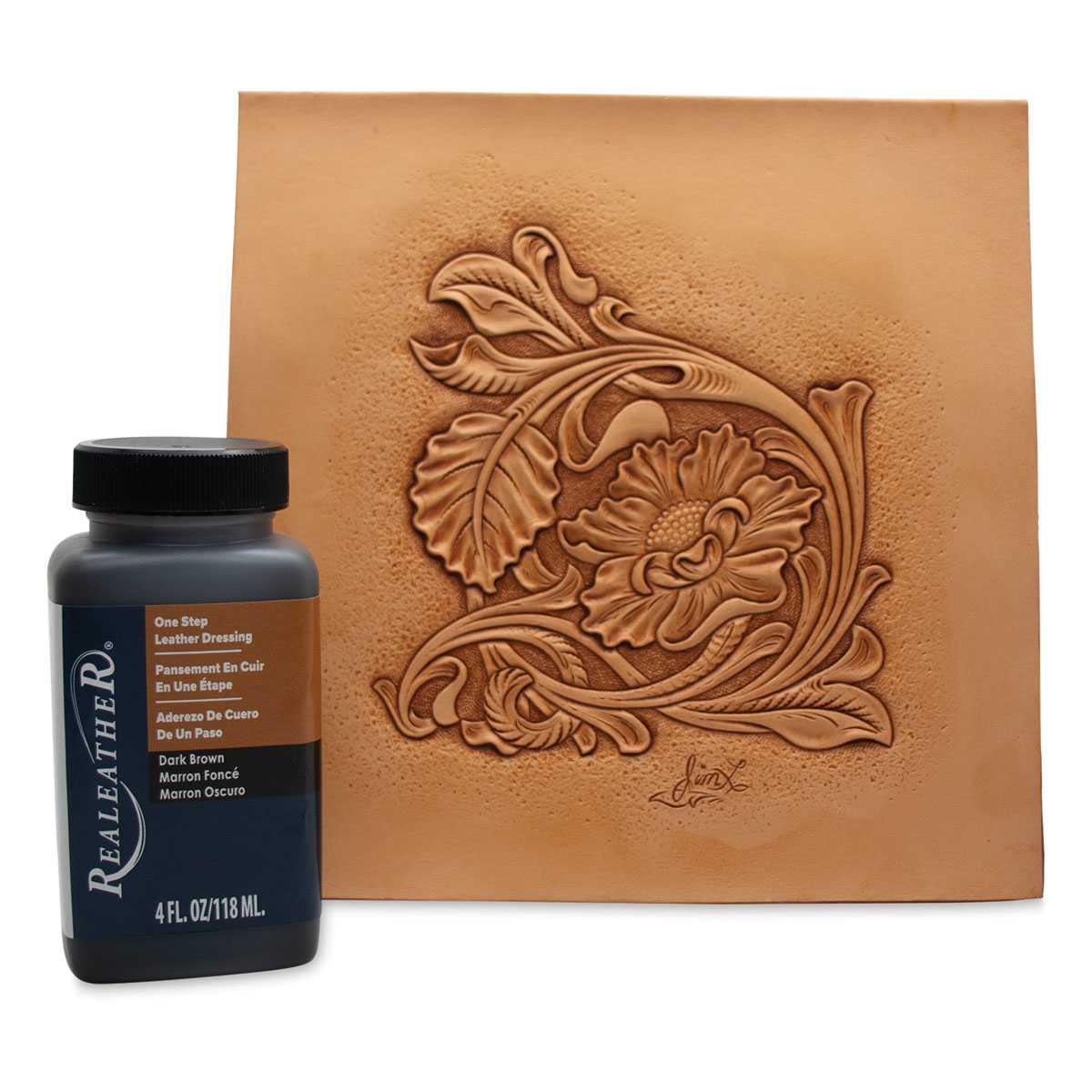 Realeather One Step Leather Dressing - Dark Brown, 4 oz bottle with flower embossed in leather