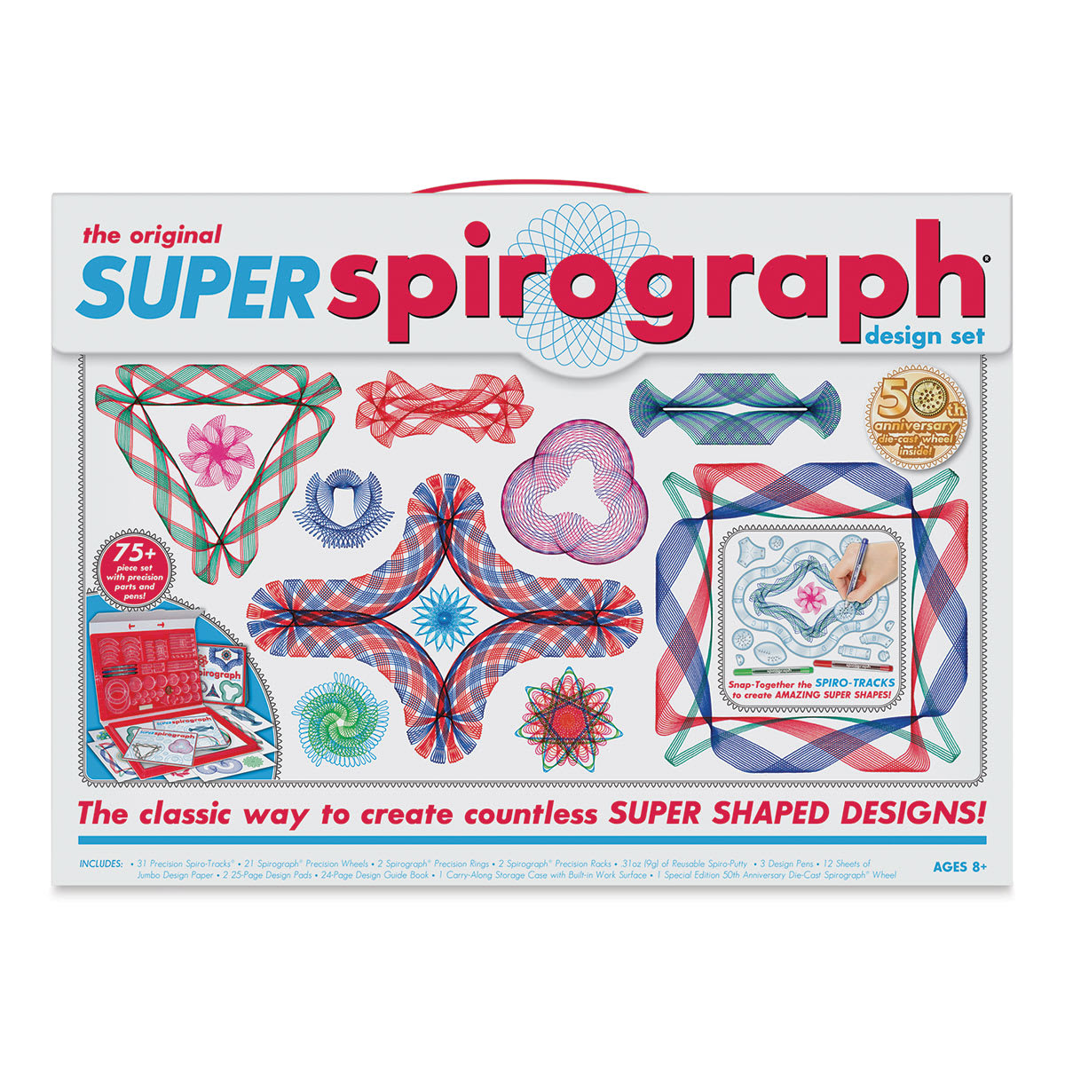 The Super Spirograph Design Set - Front of package shown featuring spirograph designs
