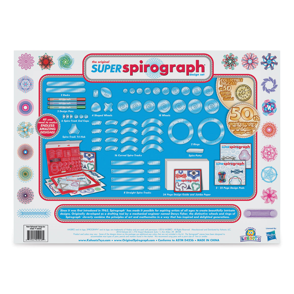 The Super Spirograph Design Set - Back of package showing contents included