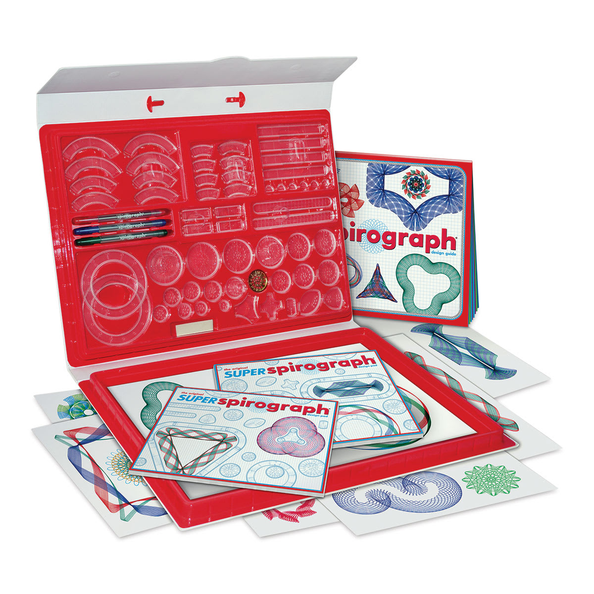 The Super Spirograph Design Set - package shown open, with Guide Book, pads, and papers removed