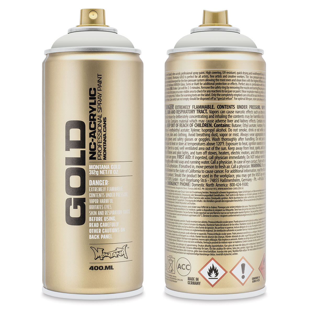 Montana Gold Acrylic Professional Spray Paint - Ceramic, 400 ml (Front and back of spray can)