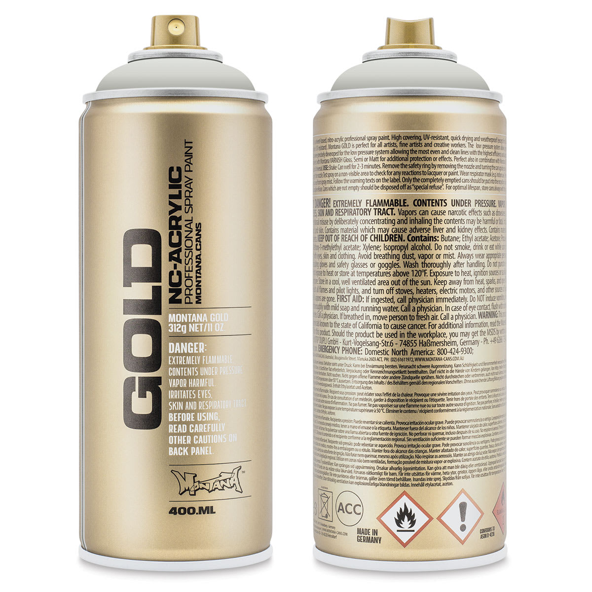 Montana Gold Acrylic Professional Spray Paint - Buzzard, 400 ml (Front and back of spray can)