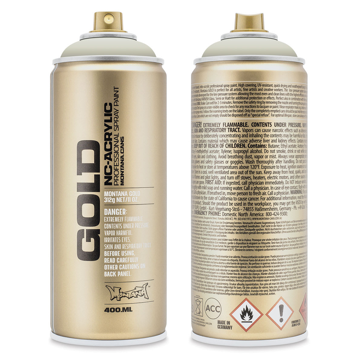 Montana Gold Acrylic Professional Spray Paint - Yosemite, 400 ml (Front and back of spray can)