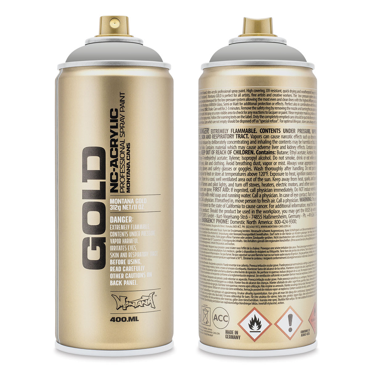 Montana Gold Acrylic Professional Spray Paint - Asphalt, 400 ml (Front and back of spray can)