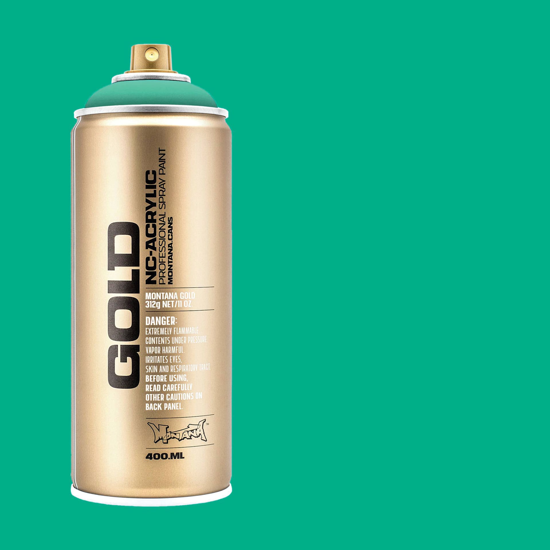 Montana Gold Acrylic Professional Spray Paint - Active Cyan, 400 ml can (Can with swatch)