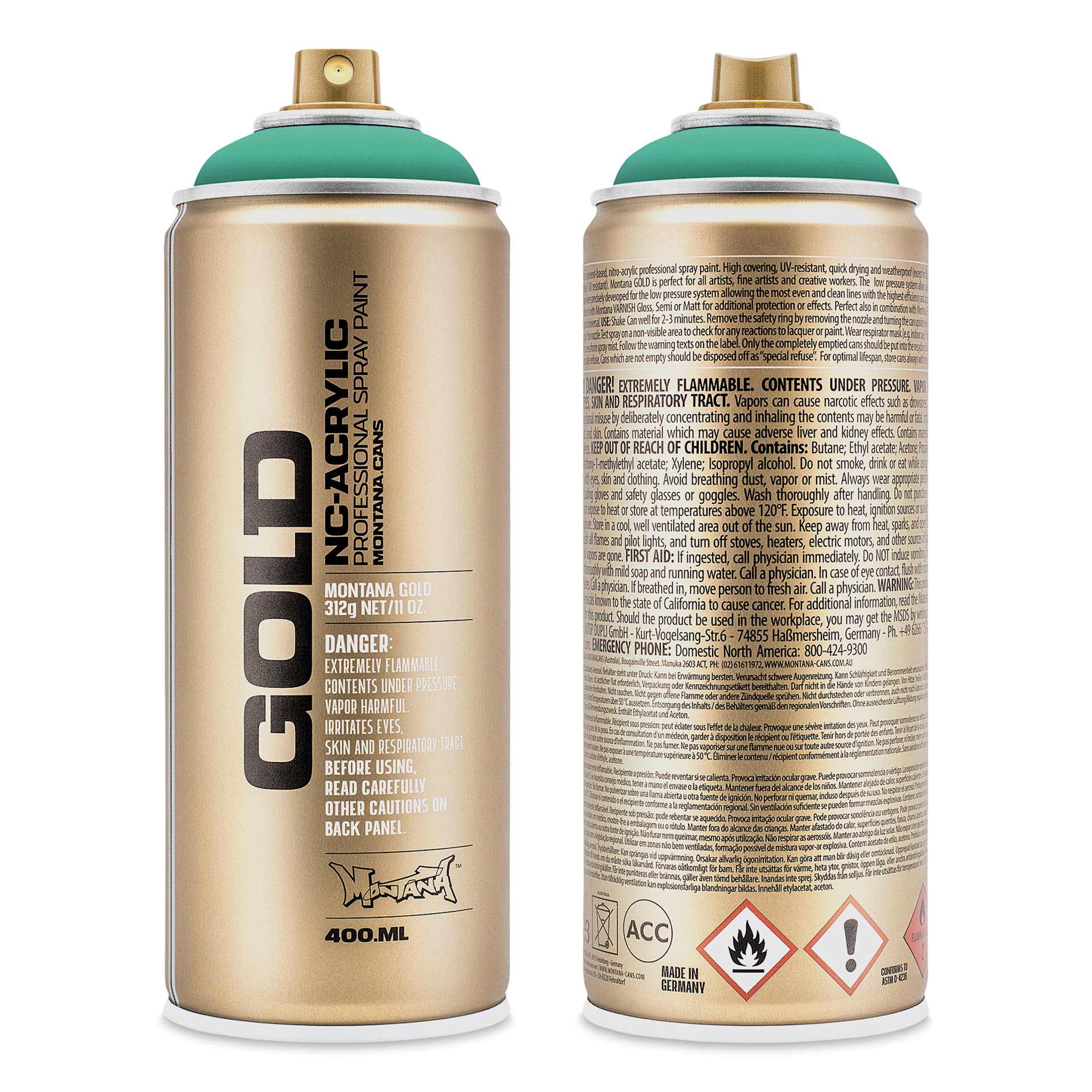 Montana Gold Acrylic Professional Spray Paint - Active Cyan, 400 ml can (Front and back of can)