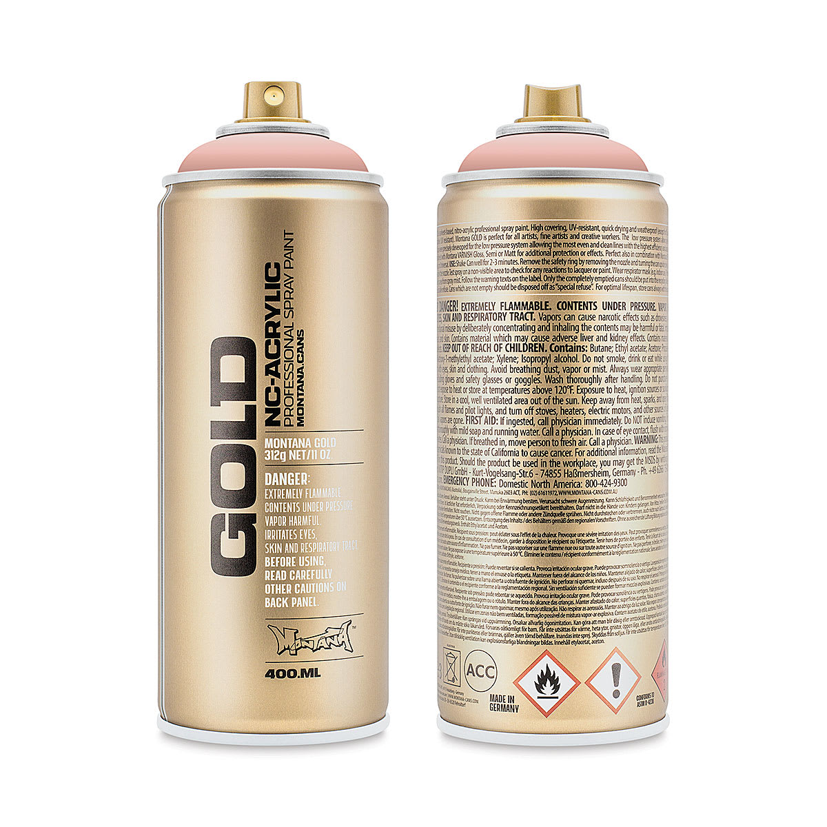 Montana Gold Acrylic Professional Spray Paint - Shrimp Pastel, 400 ml (Front and back of spray can)