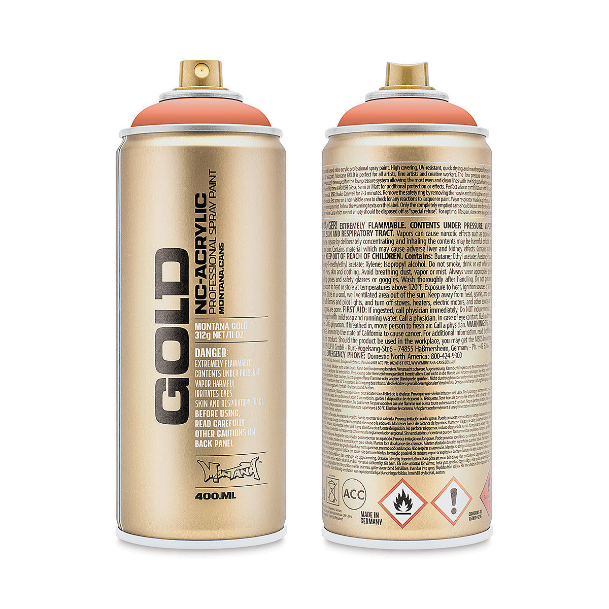 Montana Gold Acrylic Professional Spray Paint - Shrimp Dark, 400 ml (Front and back of spray can)
