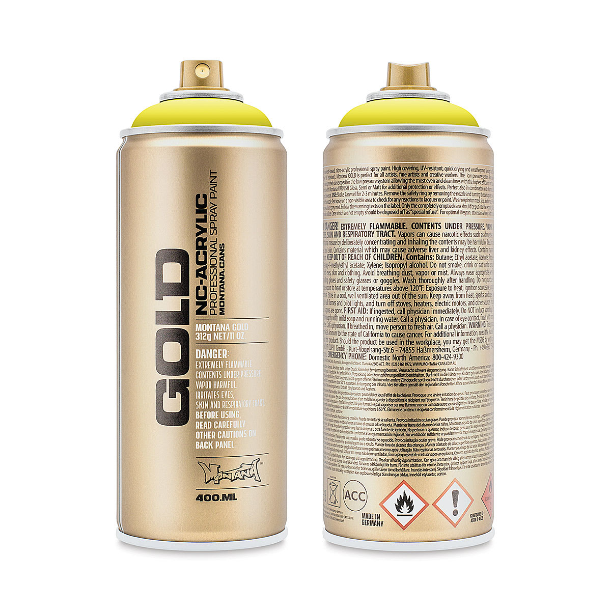 Montana Gold Acrylic Professional Spray Paint - Poison Pastell, 400 ml (Front and back of spray can)