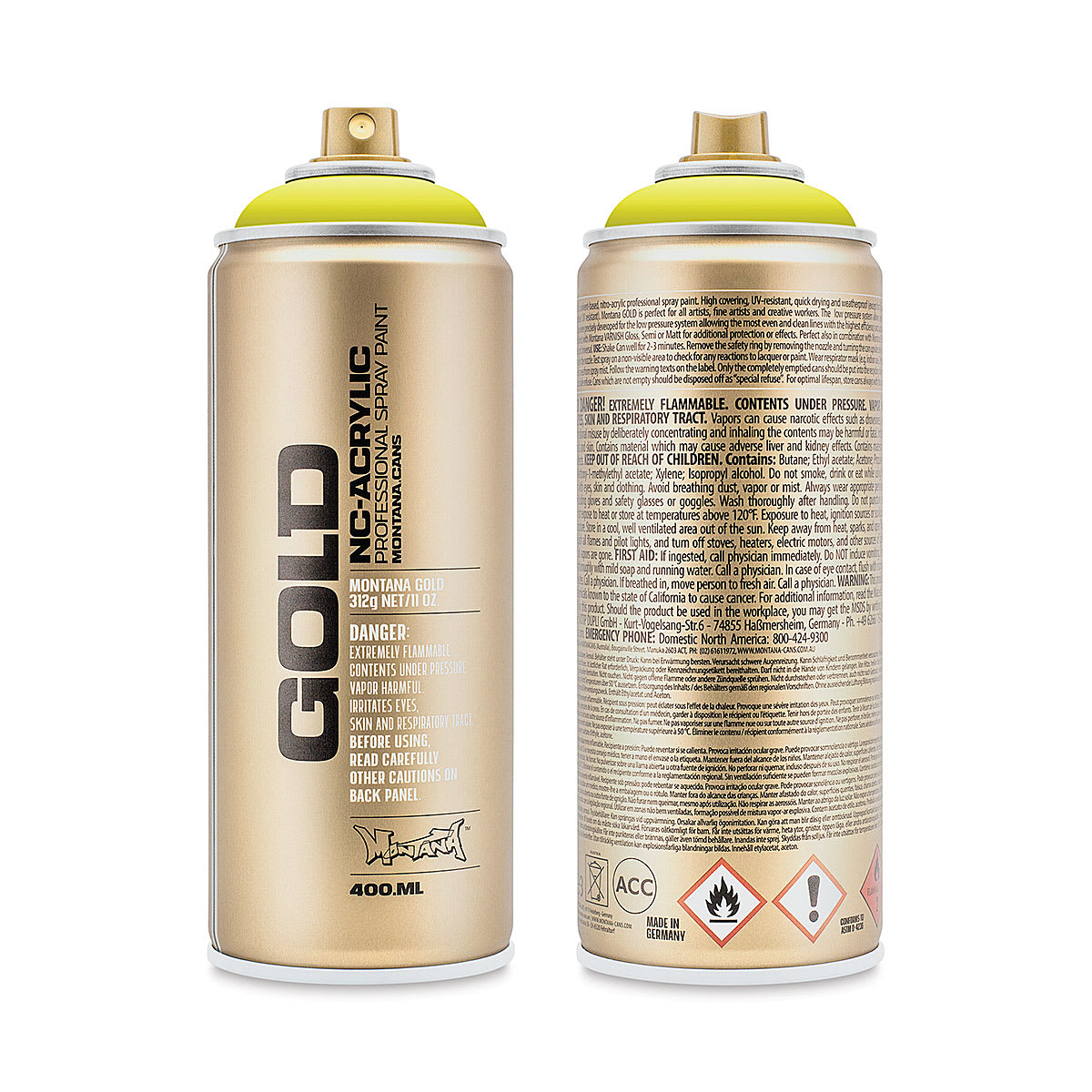 Montana Gold Acrylic Professional Spray Paint - Poison Light, 400 ml (Front and back of spray can)