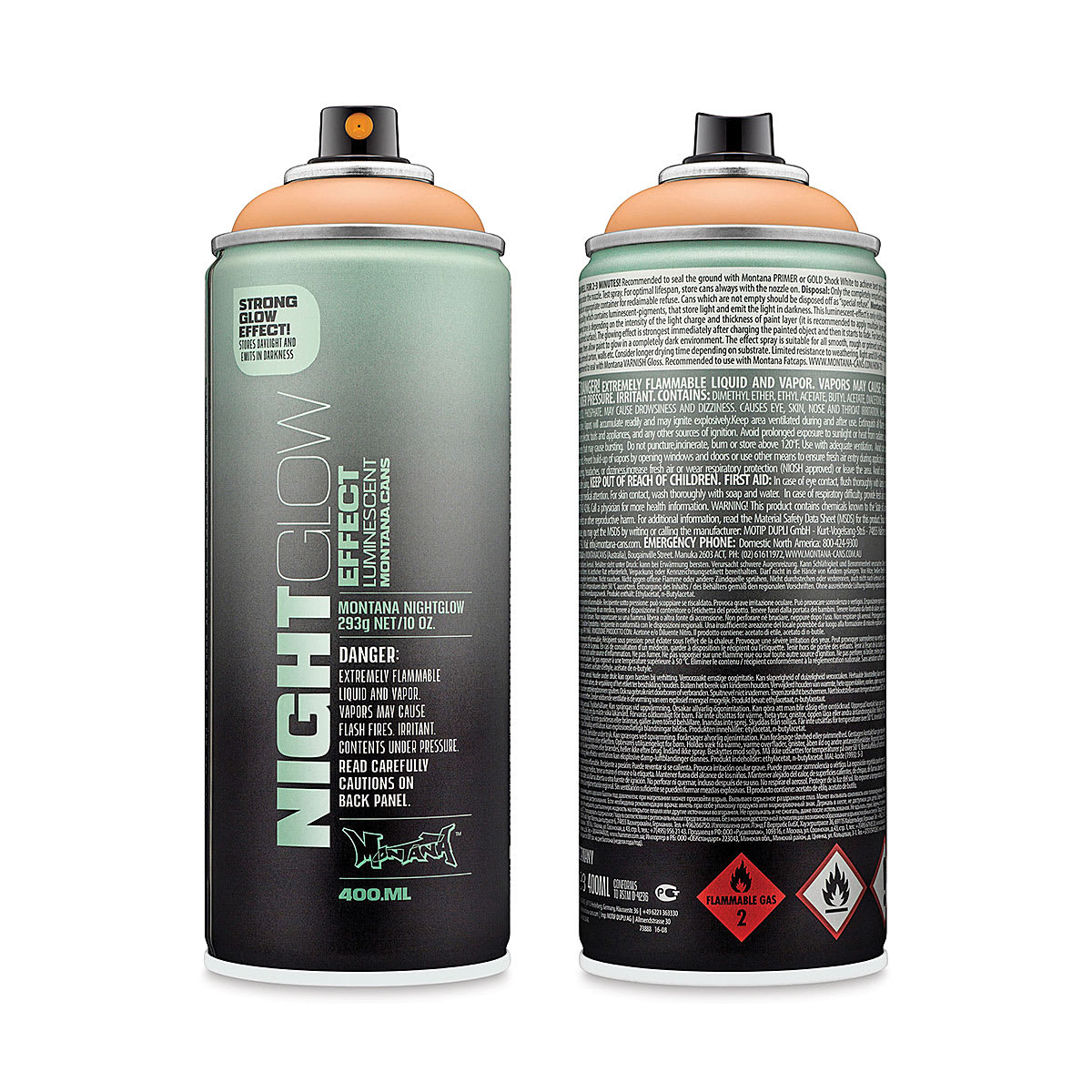 Montana Night Glow Spray - Front and back of cans of Luminescent Orange cans