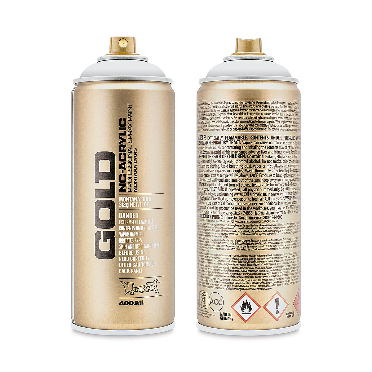Montana Gold Acrylic Professional Spray Paint - Shock White Pure, 400 ml (Front and back of spray can)
